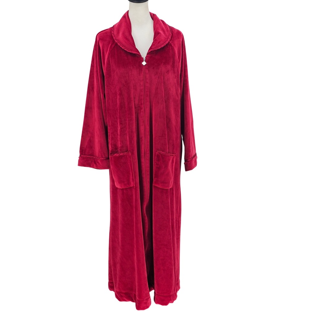 Eileen West‎ Zip Front Robe L/XL Red Velour Plush Shawl Collar Luxury Loungewear